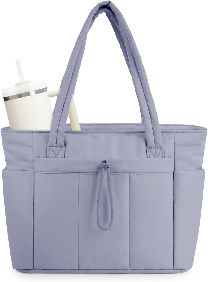 Quilted Puffer Tote with Cup Holder & Laptop Sleeve for Travel and Work