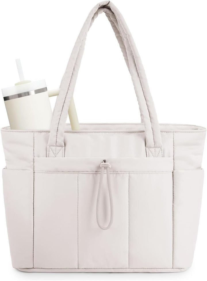 Quilted Puffer Tote with Cup Holder & Laptop Sleeve for Travel and Work