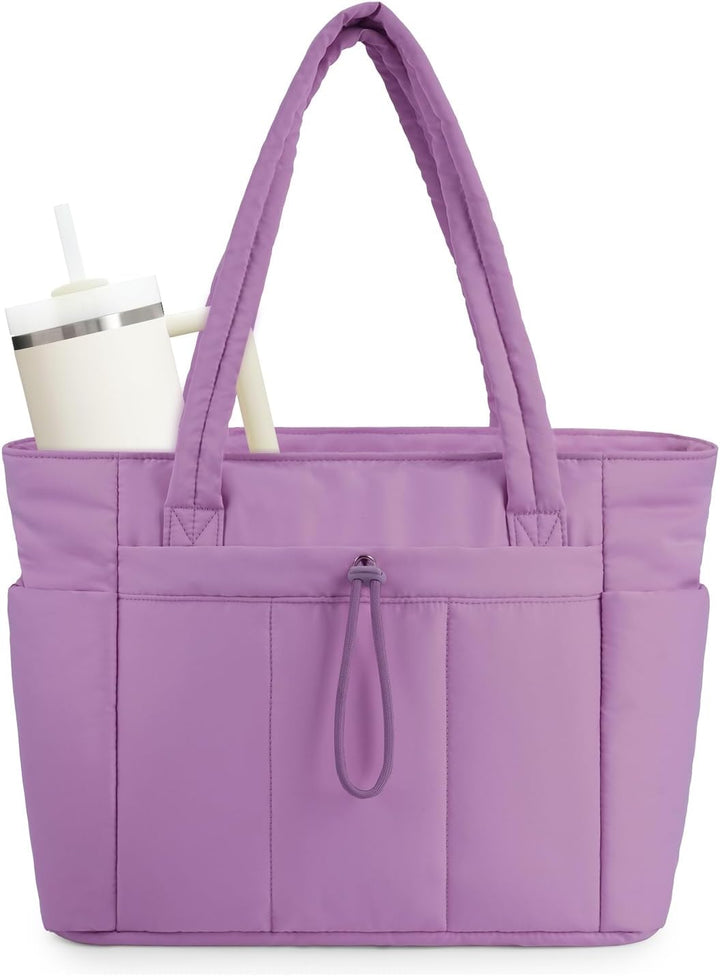 Quilted Puffer Tote with Cup Holder & Laptop Sleeve for Travel and Work