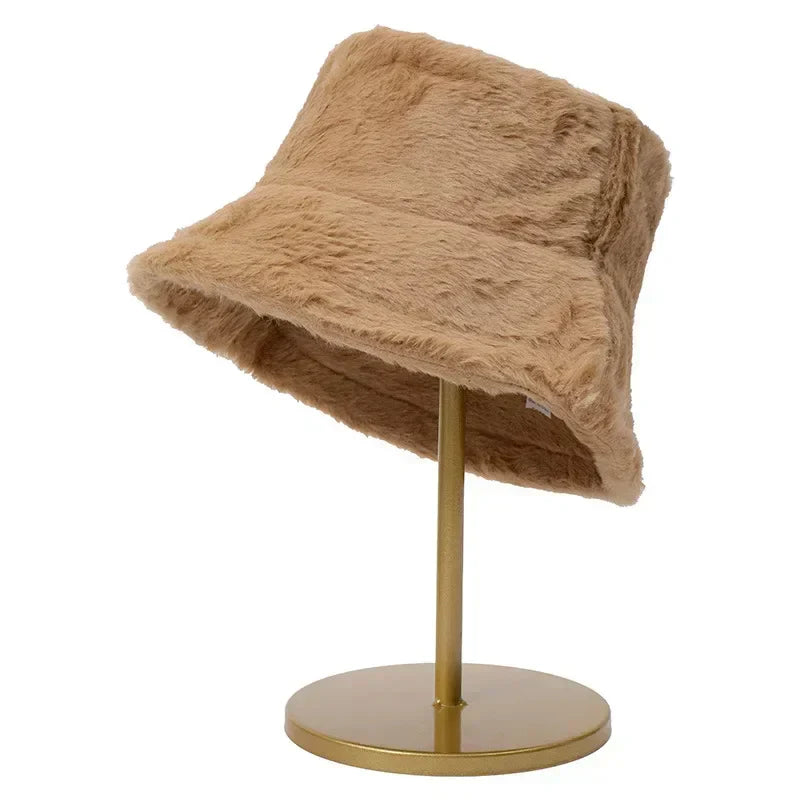Warm Autumn Bucket Hat made of Rabbit Fur for Ladies - Lorna-Khaki-State of Style