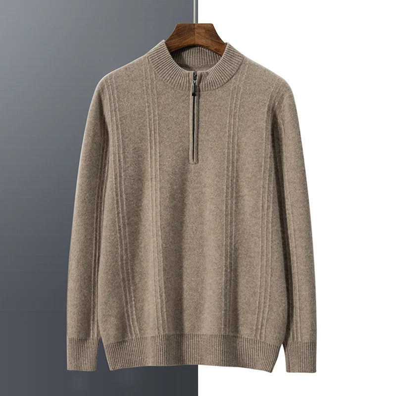 Warm Casual Men's Sweater with Half Zip - Logan-Beige-S-State of Style