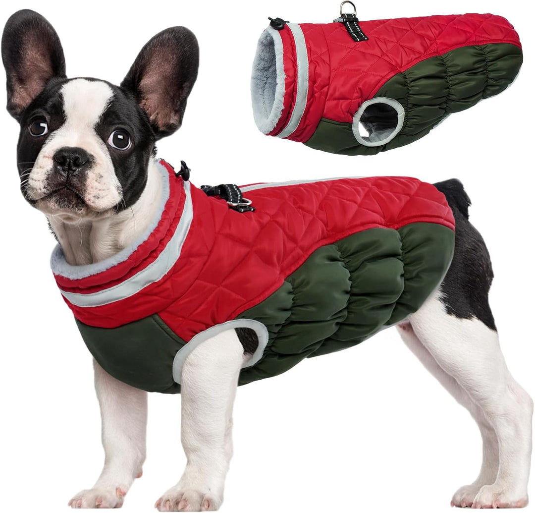 Warm Dog Winter Jacket with Built-in Harness-Red Green-XS-State of Style