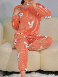 Warm Fleece Pyjama Set with Cute Print - Celeste-Orange-M-State of Style