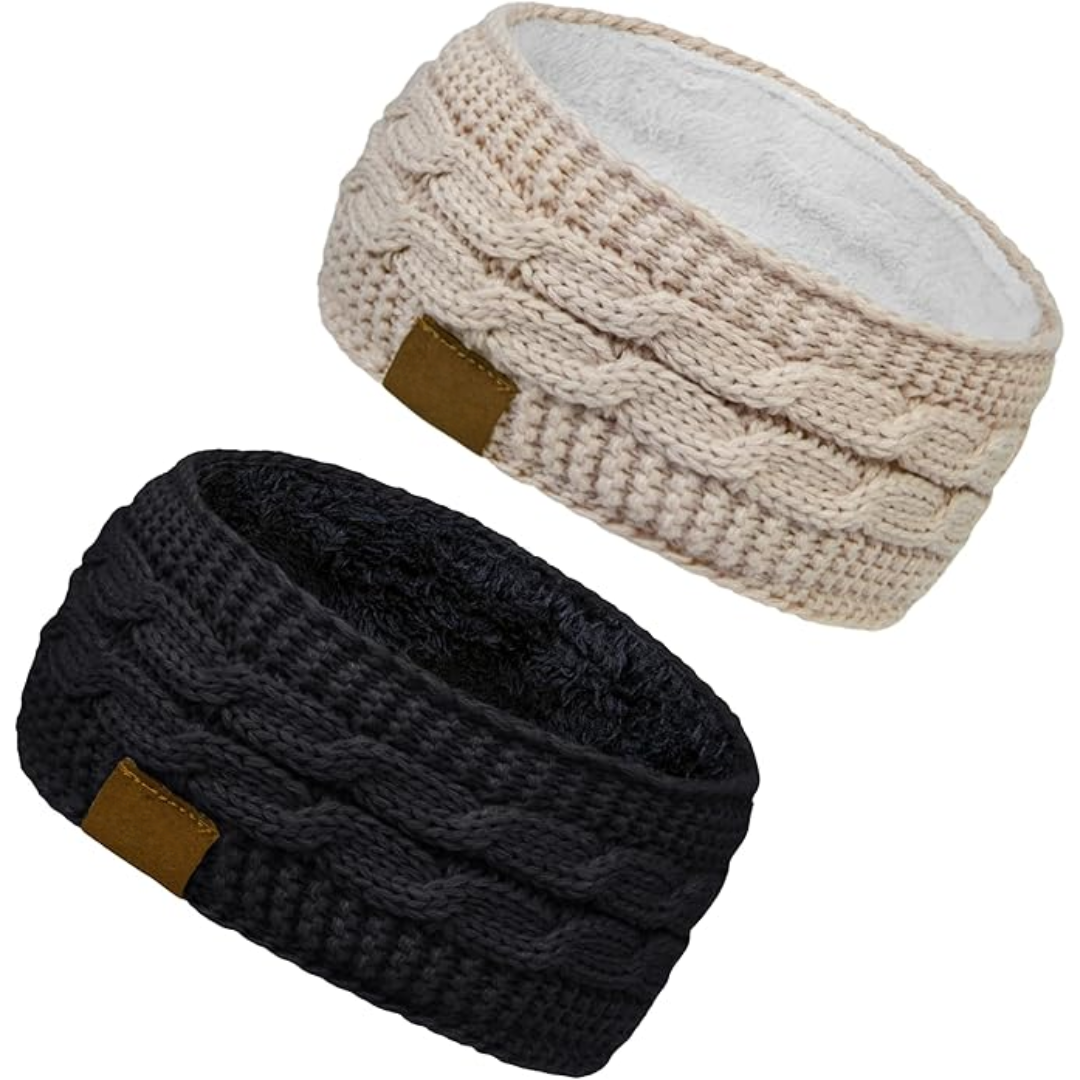 Warm Knitted Ear Warmer Headband with Fleece Lining - Cathryn-Black Beige-State of Style