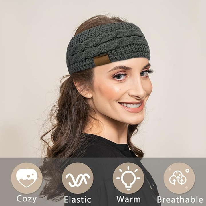 Warm Knitted Ear Warmer Headband with Fleece Lining - Cathryn-Black Beige-State of Style