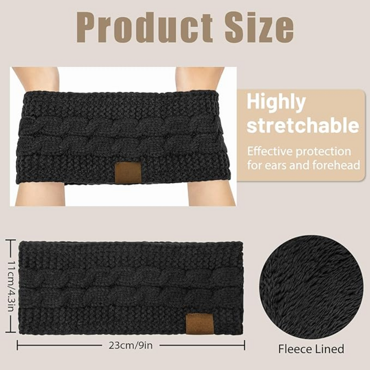 Warm Knitted Ear Warmer Headband with Fleece Lining - Cathryn-Black Beige-State of Style