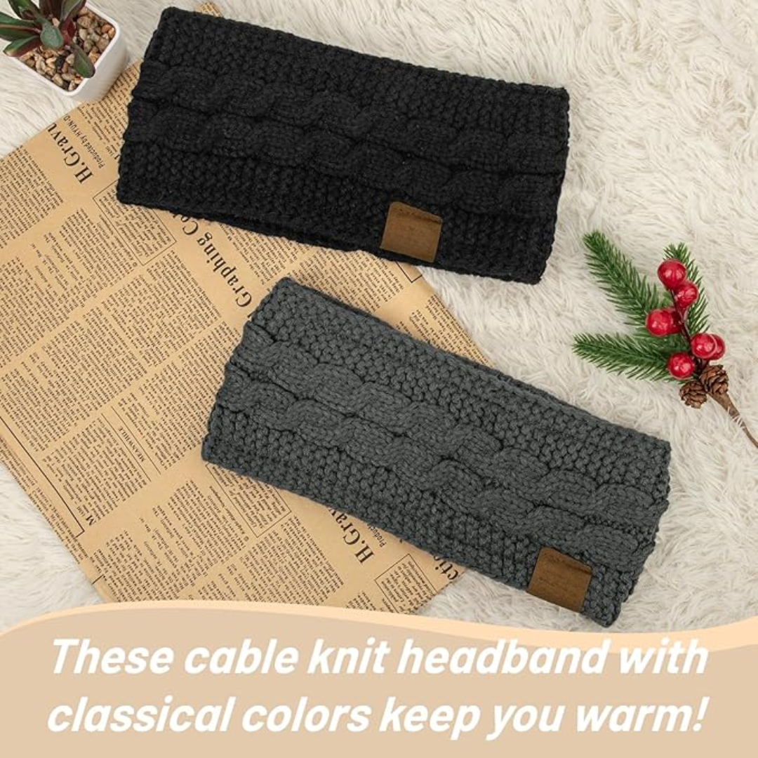 Warm Knitted Ear Warmer Headband with Fleece Lining - Cathryn-Black Beige-State of Style