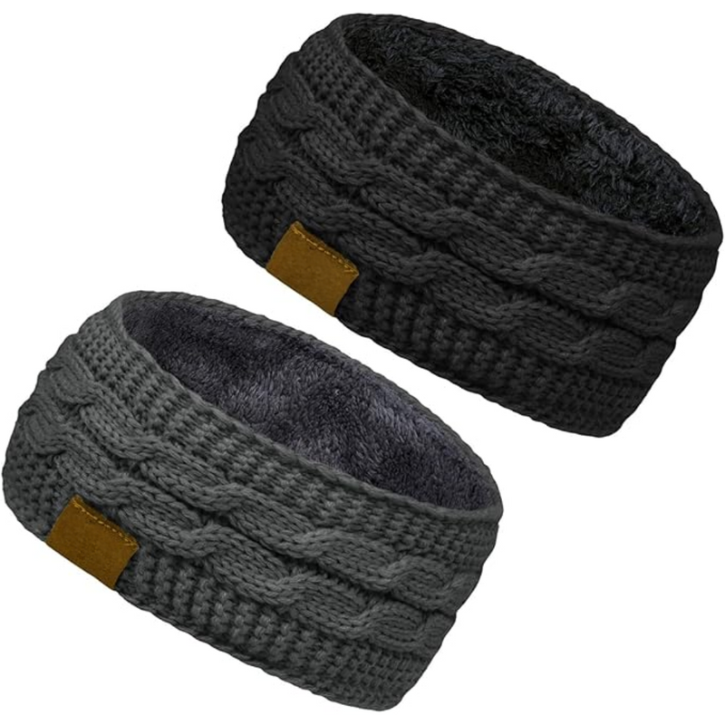 Warm Knitted Ear Warmer Headband with Fleece Lining - Cathryn-Black Dark Grey-State of Style