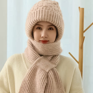 Warm Ladies Beanie with Integrated Scarf - Nora-Khaki-State of Style