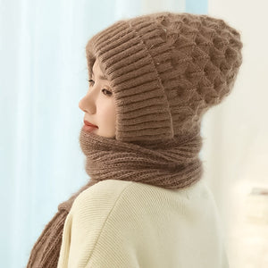 Warm Ladies Beanie with Integrated Scarf - Nora-Khaki-State of Style