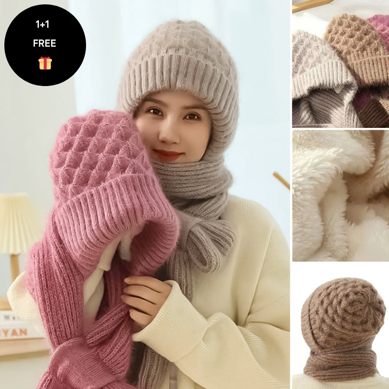 Warm Ladies Beanie with Integrated Scarf - Nora-Khaki-State of Style