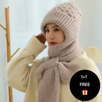 Warm Ladies Beanie with Integrated Scarf - Nora-Khaki-State of Style