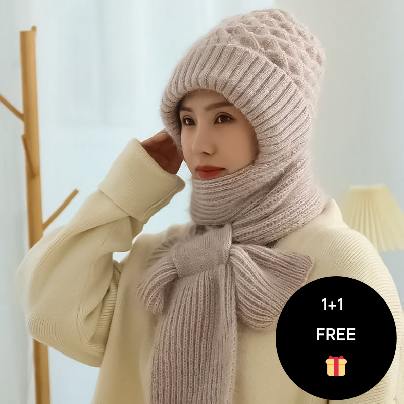 Warm Ladies Beanie with Integrated Scarf - Nora-Khaki-State of Style
