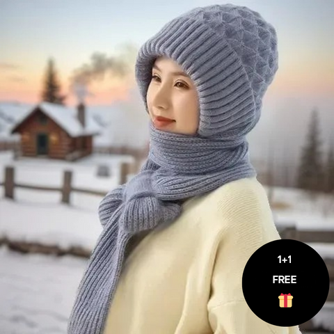 Warm Ladies Beanie with Integrated Scarf - Nora-Khaki-State of Style