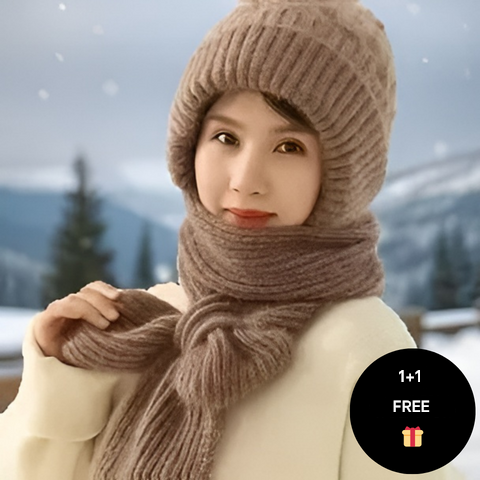 Warm Ladies Beanie with Integrated Scarf - Nora-Khaki-State of Style