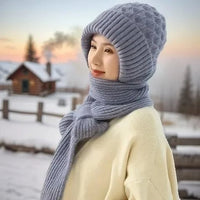Warm Ladies Beanie with Integrated Scarf - Nora-Khaki-State of Style