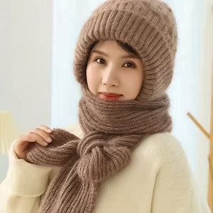 Warm Ladies Beanie with Integrated Scarf - Nora-Khaki-State of Style