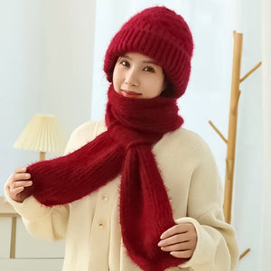 Warm Ladies Beanie with Integrated Scarf - Nora-Red-State of Style