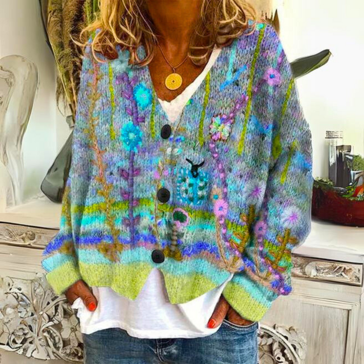 Warm Ladies Cardigan with Print – Liv-Green-S-State of Style