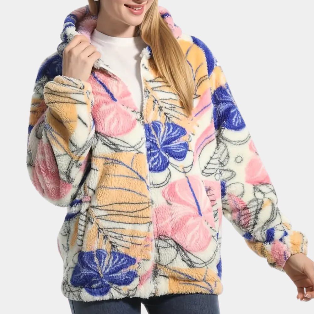 Warm Ladies' Coat with Hood and Floral Print - Elira-XS-State of Style