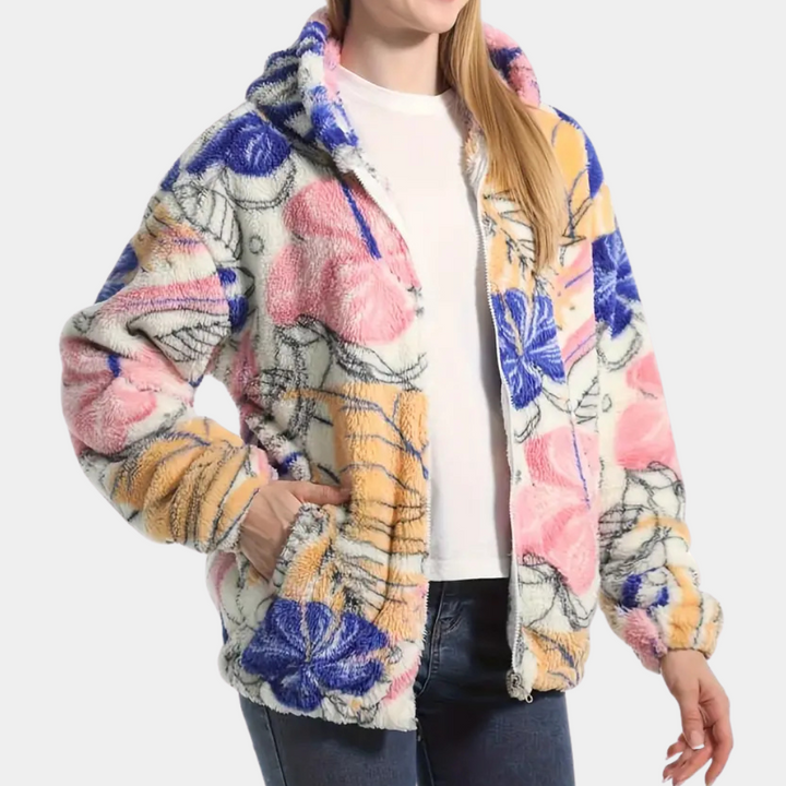 Warm Ladies' Coat with Hood and Floral Print - Elira-XS-State of Style