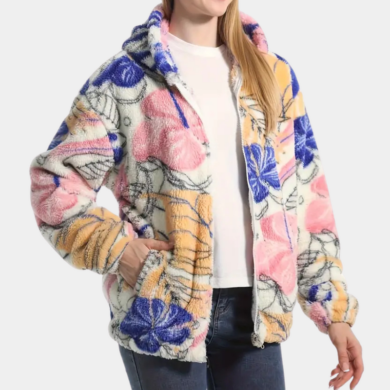 Warm Ladies' Coat with Hood and Floral Print - Elira-XS-State of Style