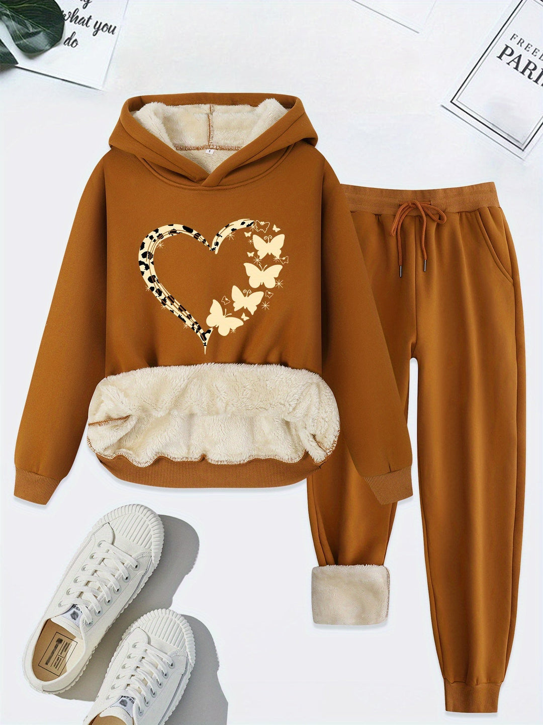 Warm Two-Piece Women's Set with Heart Print - Bella-Light Brown-S-State of Style