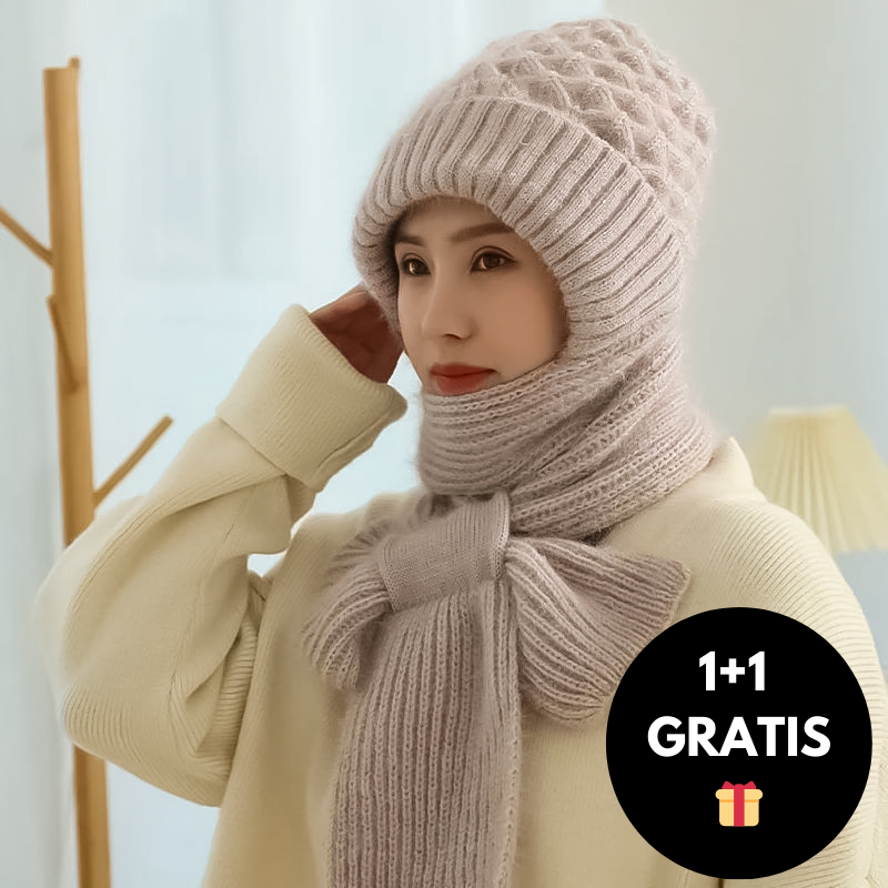 Warm Women’s Beanie with Integrated Scarf - Nora-Beige-State of Style