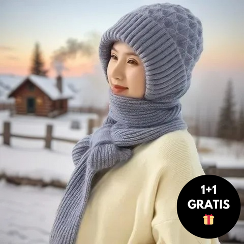 Warm Women’s Beanie with Integrated Scarf - Nora-Grey-State of Style