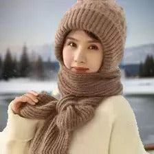 Warm Women’s Beanie with Integrated Scarf - Nora-Khaki-State of Style