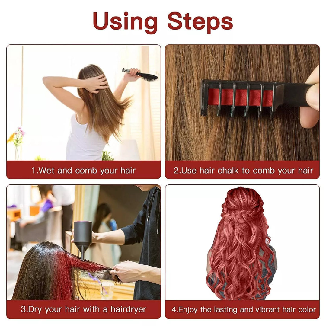Washable Hair Chalk Comb – Fun Temporary Hair Colour-Blue-Yellow-Purple-Red-Green-Pink-State of Style