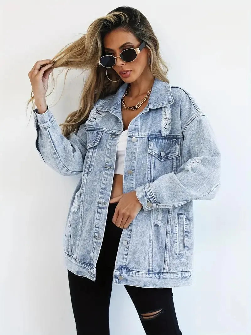 Waterproof & Lined Oversized Women's Denim Jacket with Hood – Talia-Blue-S-State of Style