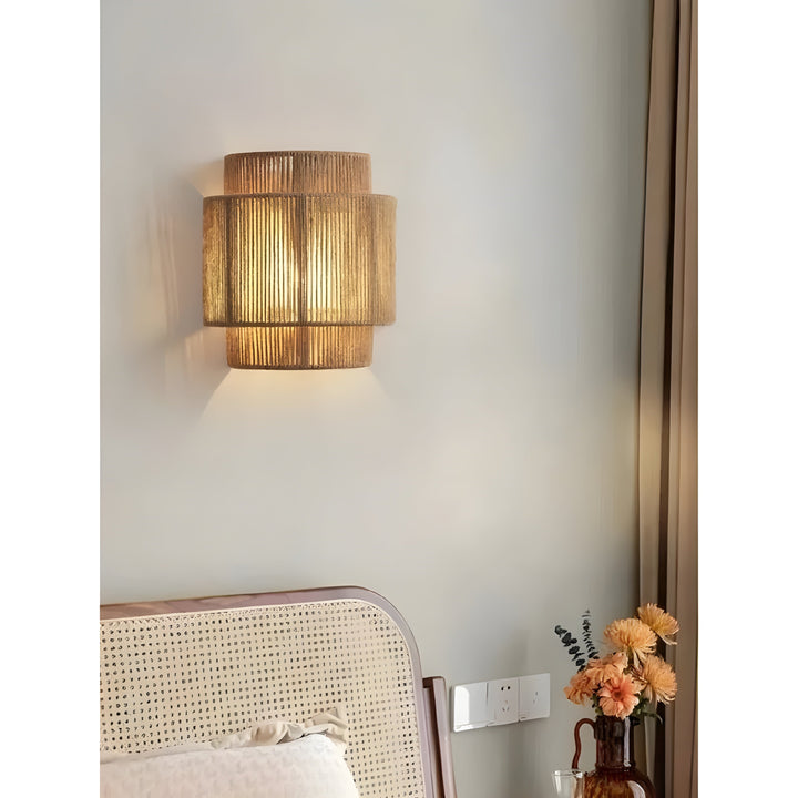 WeaveGlow Contemporary Rattan Woven Wall Lamp-Beige-State of Style