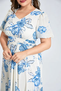 White Chiffon Tunic Dress with Floral Print in Plus Size-White-2XL-State of Style