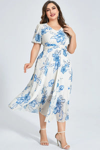 White Chiffon Tunic Dress with Floral Print in Plus Size-White-2XL-State of Style
