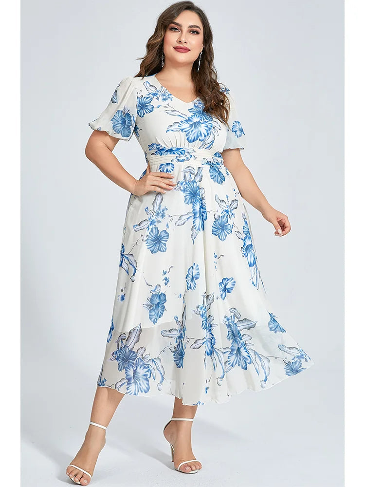 White Chiffon Tunic Dress with Floral Print in Plus Size-White-2XL-State of Style