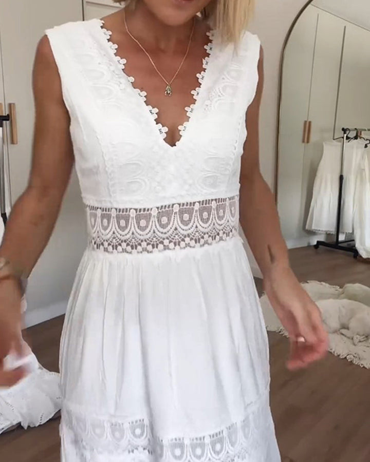 White Lace Midi Dress with V-neck - Celina-White-S-State of Style