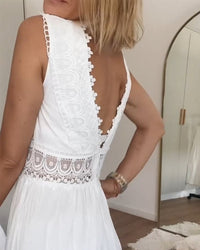 White Lace Midi Dress with V-neck - Celina