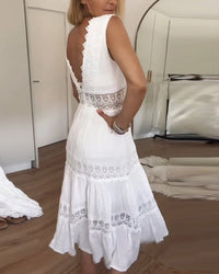 White Lace Midi Dress with V-neck - Celina-White-S-State of Style