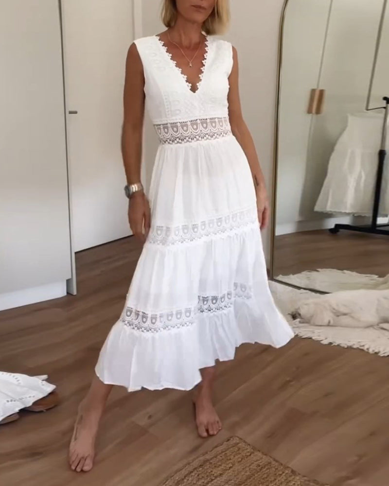 White Lace V-Neck Midi Dress | Celina-White-S-State of Style