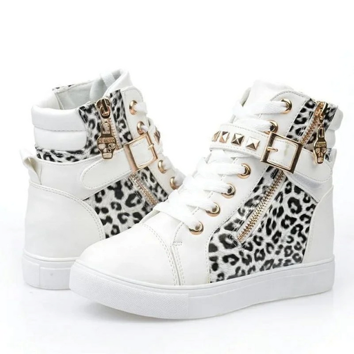 White Leather High Sneakers with Zip for Ladies - Ava-Black and white-4-State of Style