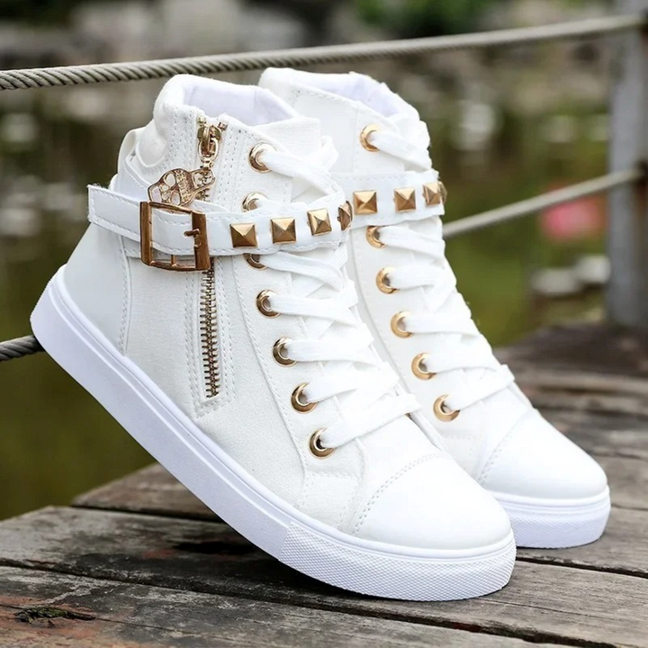 White Leather High Sneakers with Zip for Ladies - Ava-White-4-State of Style