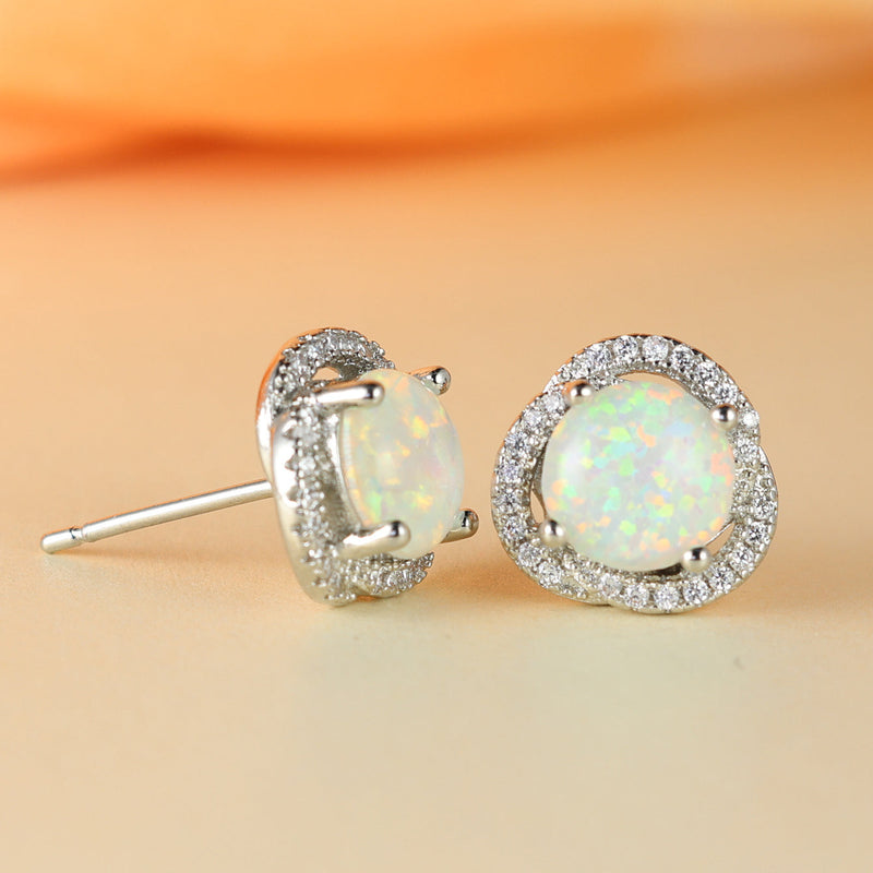 White Opal & Zircon Clover Leaf Earrings - Elara-Blue Opal and Rose Gold-State of Style