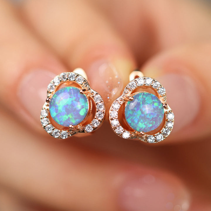 White Opal & Zircon Clover Leaf Earrings - Elara-Blue Opal and Rose Gold-State of Style