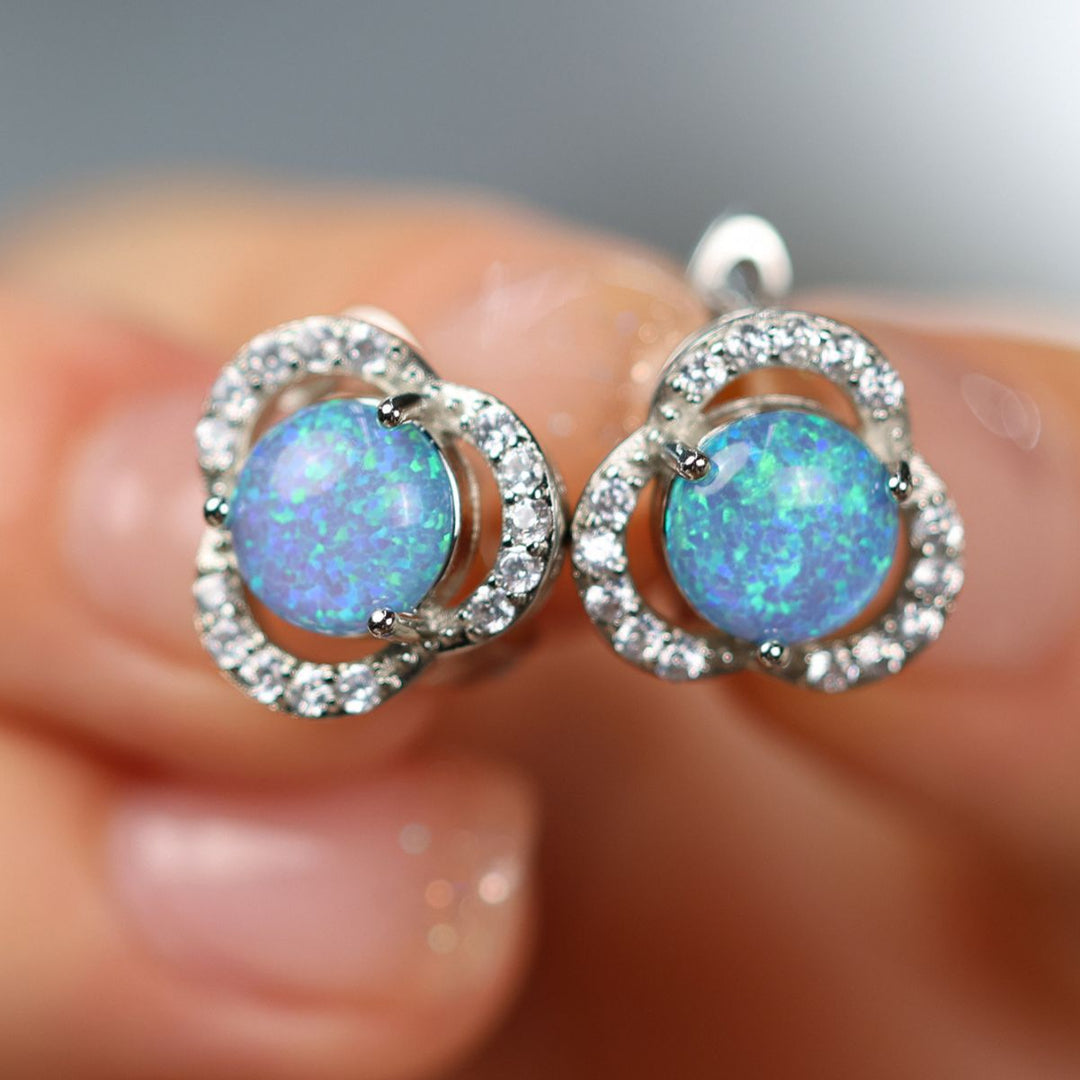 White Opal & Zircon Clover Leaf Earrings - Elara-Blue Opal and Rose Gold-State of Style