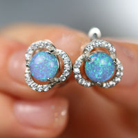 White Opal & Zircon Clover Leaf Earrings - Elara-Blue Opal and Rose Gold-State of Style