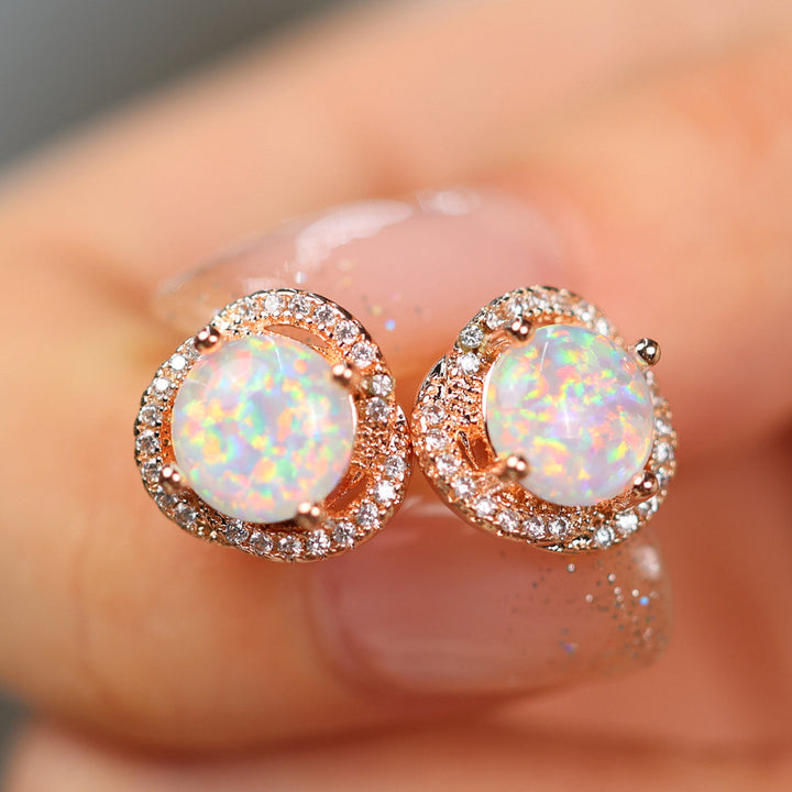 White Opal & Zircon Clover Leaf Earrings - Elara-Blue Opal and Rose Gold-State of Style