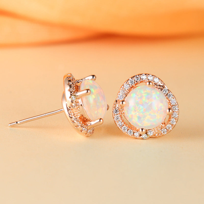 White Opal & Zircon Clover Leaf Earrings - Elara-Blue Opal and Rose Gold-State of Style