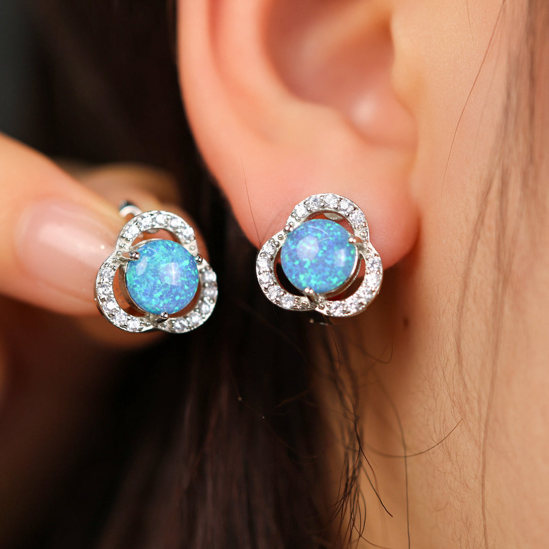 White Opal & Zirconia Clover Earrings - Elara-Blue Opal & Silver-State of Style