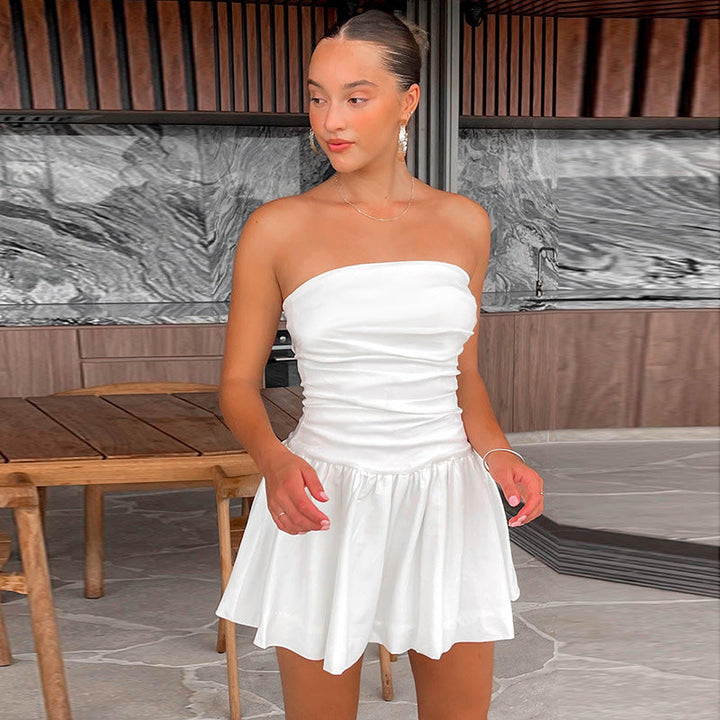 White Strapless Mini Dress with Pleated Details - Nikki-XS-State of Style